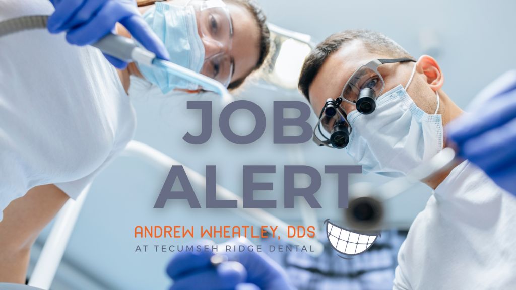 Photo of dentist and assistant saying Job Alert.